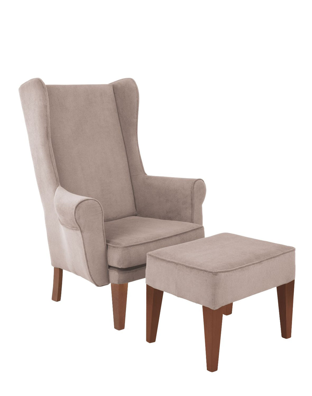 „Corduroy" Wingback Armchair with Footstool — High Back in Taupe
