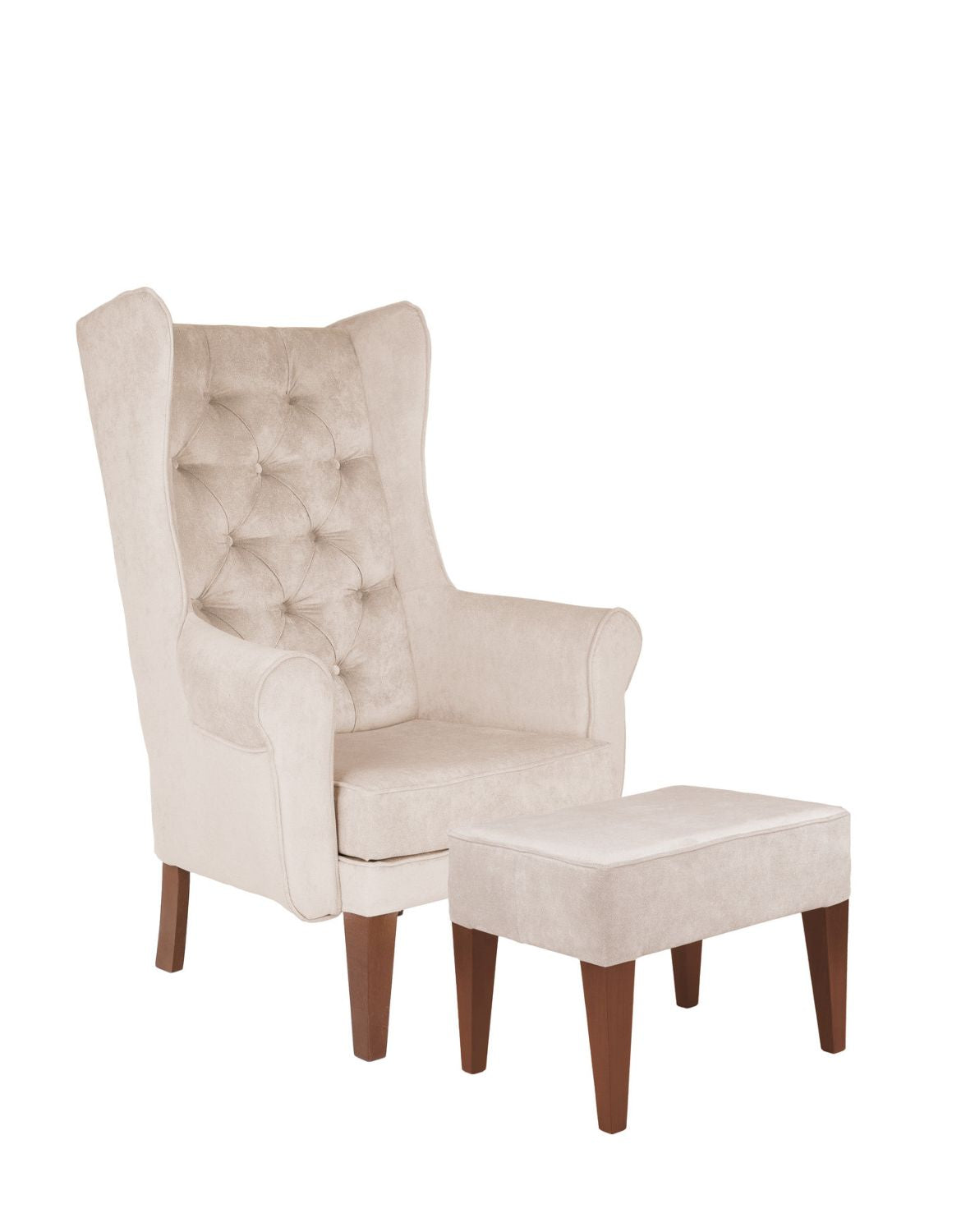 „Chesterfield" Wingback Armchair with Footstool — Tufted, in Ecru