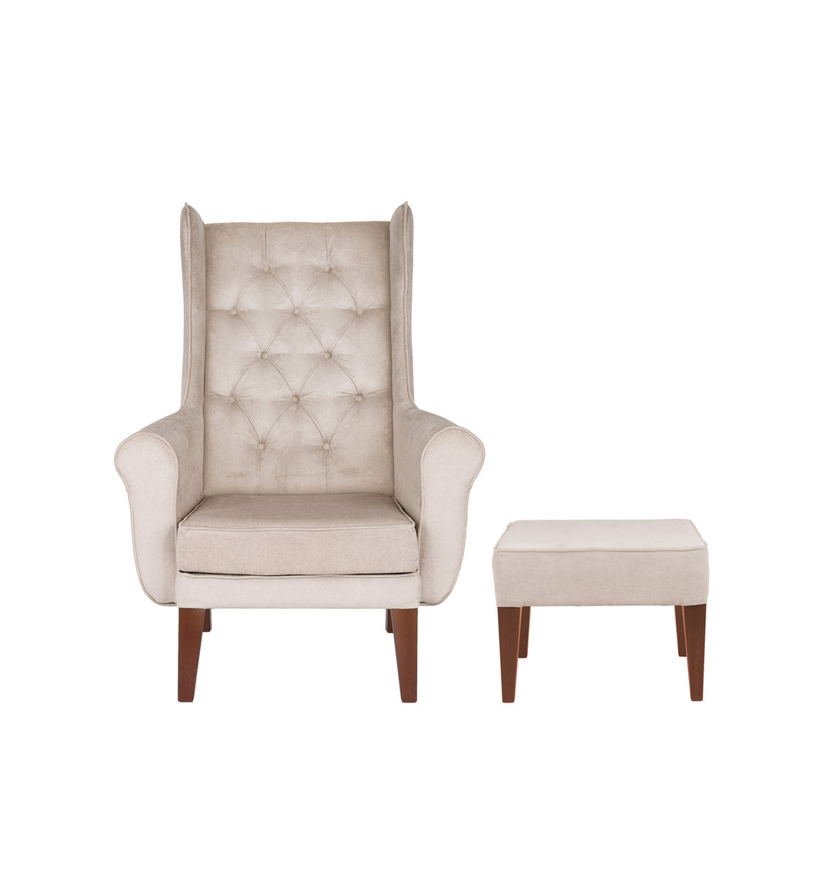 „Chesterfield" Wingback Armchair with Footstool — Tufted, in Ecru