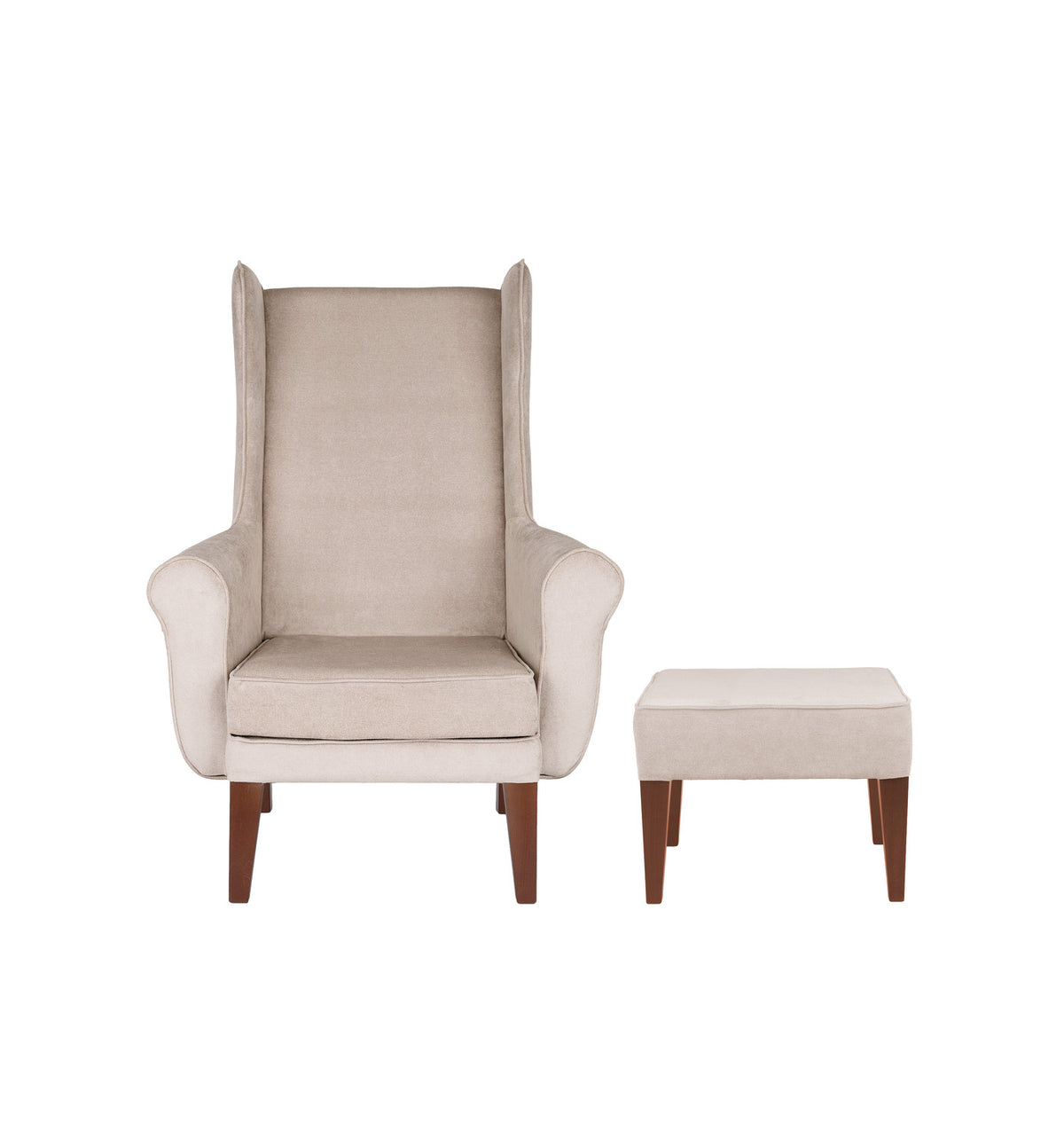 „Royal" Wingback Armchair with Footstool — High Back in Ecru